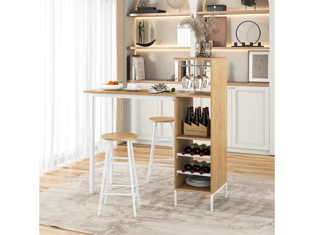 Table Haute Cuisine avec Tabouret avec Porte-Verre Porte-Bouteilles Table Bar avec Tabouret 2 Personnes Compact Naturel