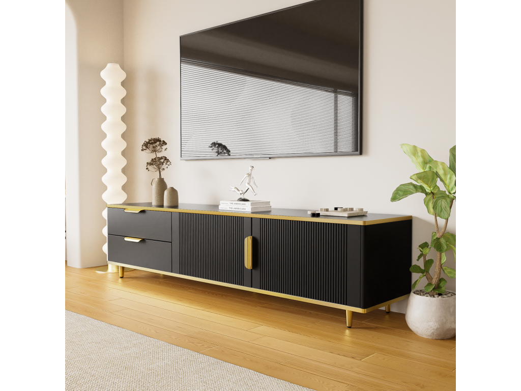 Meuble TV 175cm avec 2 tiroirs 2 portes Pieds et poignée en métal Doré motifs sculptés style Scandinave Meuble de salon en bois - Noir