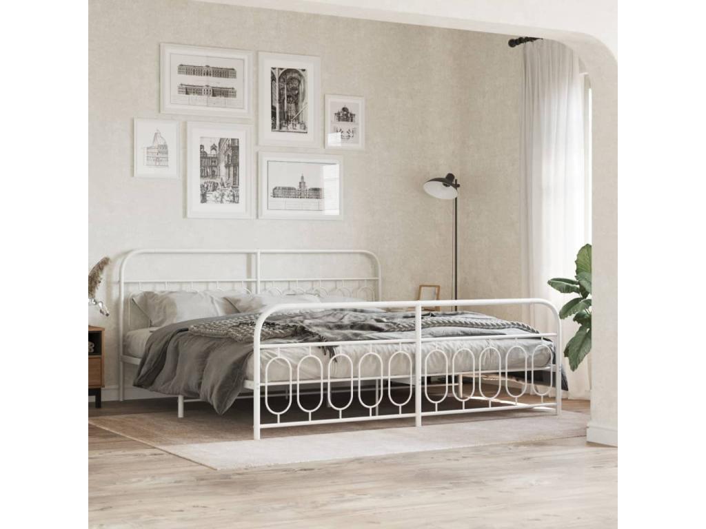Cadre de lit métal sans matelas et pied de lit blanc 200x200 cm