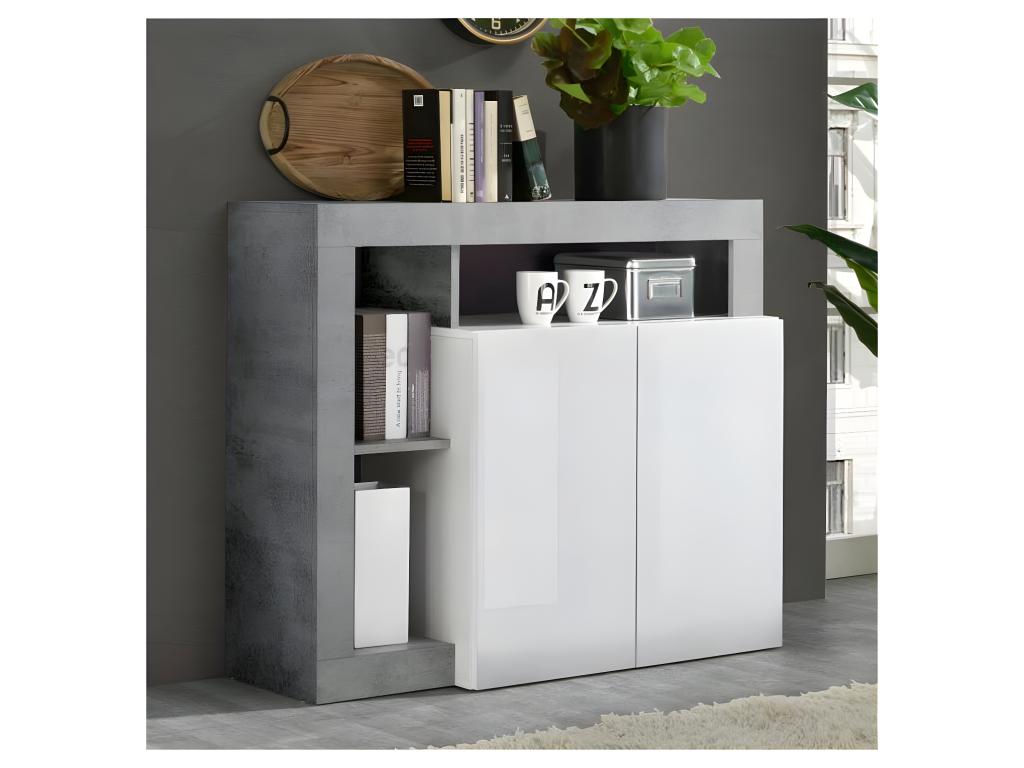 Buffet 2 portes Blanc laqué brillant/Béton ciré clair - Doucezen