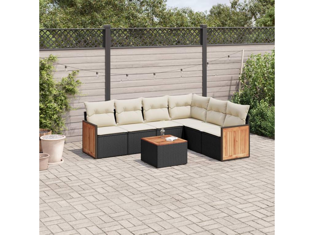 Salon de jardin 7 pièces avec coussins noir résine tressée