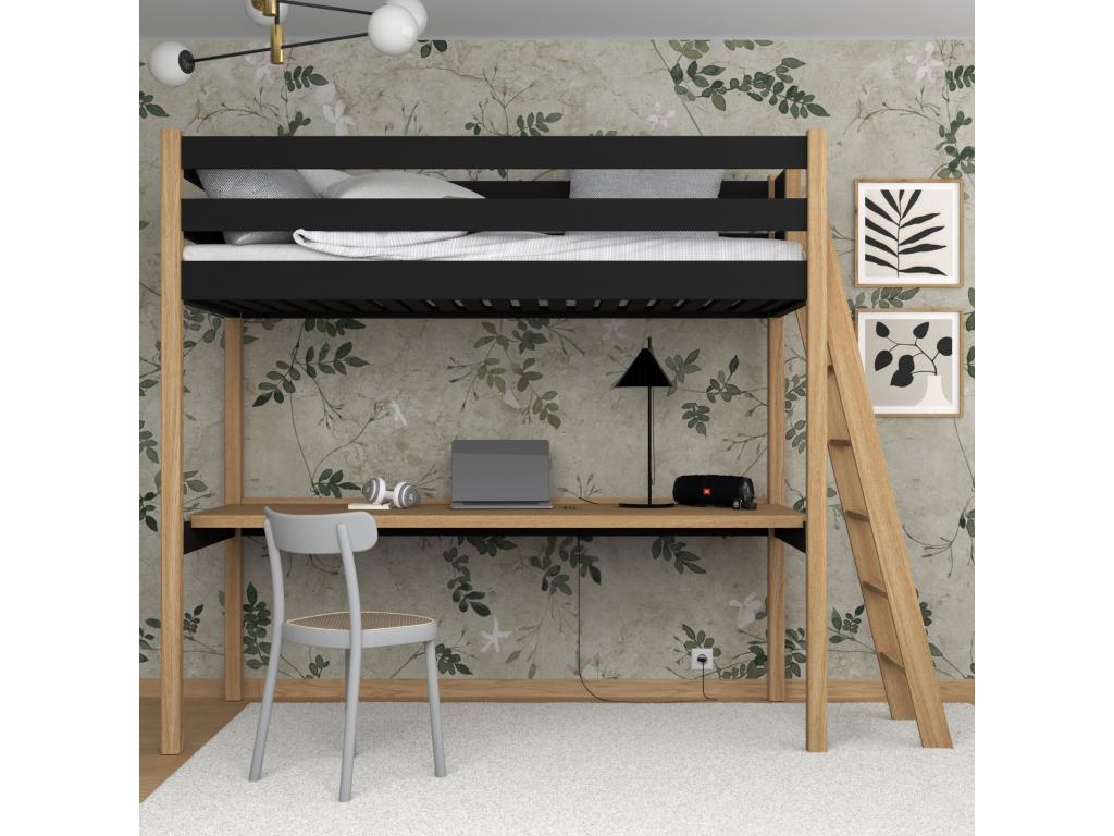 Lit mezzanine en bois - avec bureau N02 Noir / Chêne Naturel 100x200