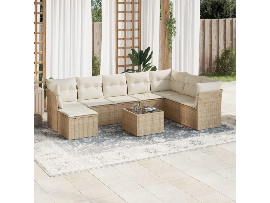 Salon de jardin avec coussins 9 pièces beige résine tressée