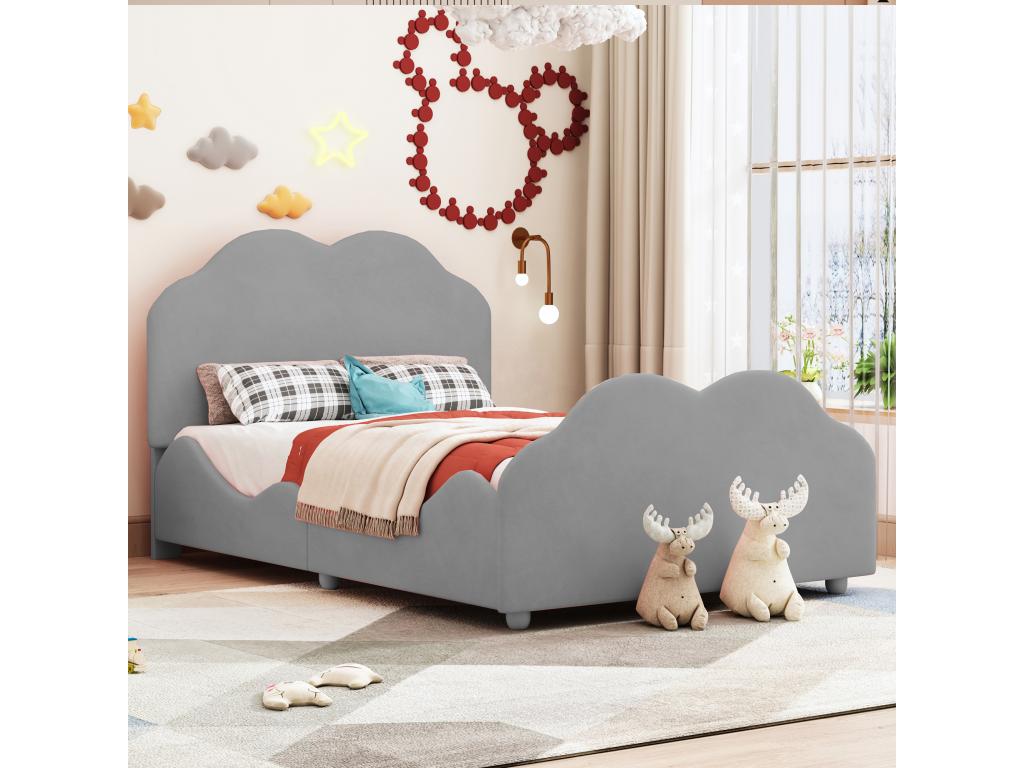 Lit simple 90x200cm lit enfant avec sommier à Meublita et tête et pied de lit en forme de nuage lit en velours gris