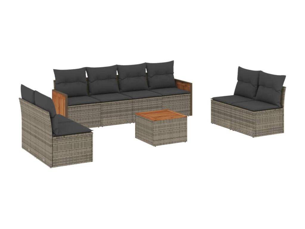 Salon de jardin 9 pcs avec coussins gris résine tressée