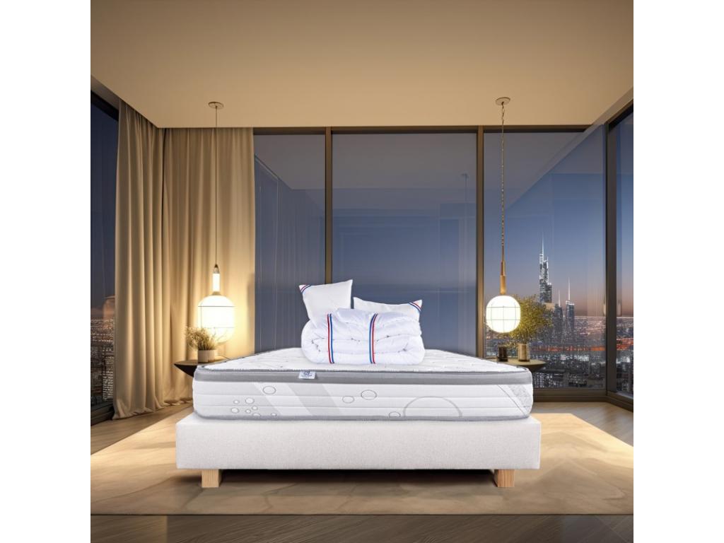 Ensemble Matelas Relaxation 26 cm ressorts ensachés ferme face été/hiver sommier beige ep20cm oreiller couette 140x200cm