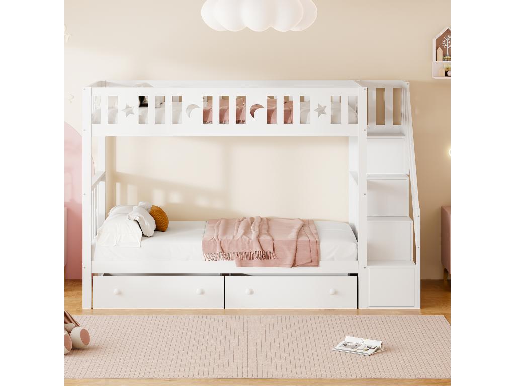 Lit superposé enfant 90x200 cm - en bois massif - avec escalier de rangement et 2 tiroirs - Blanc