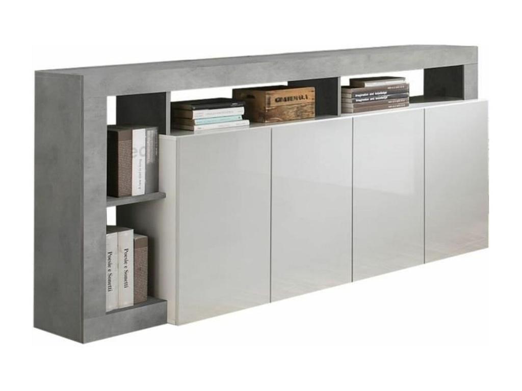 Buffet Vertchez effet béton / laqué blanc brillant 4 portes - 184x42 x Hauteur 93 cm
