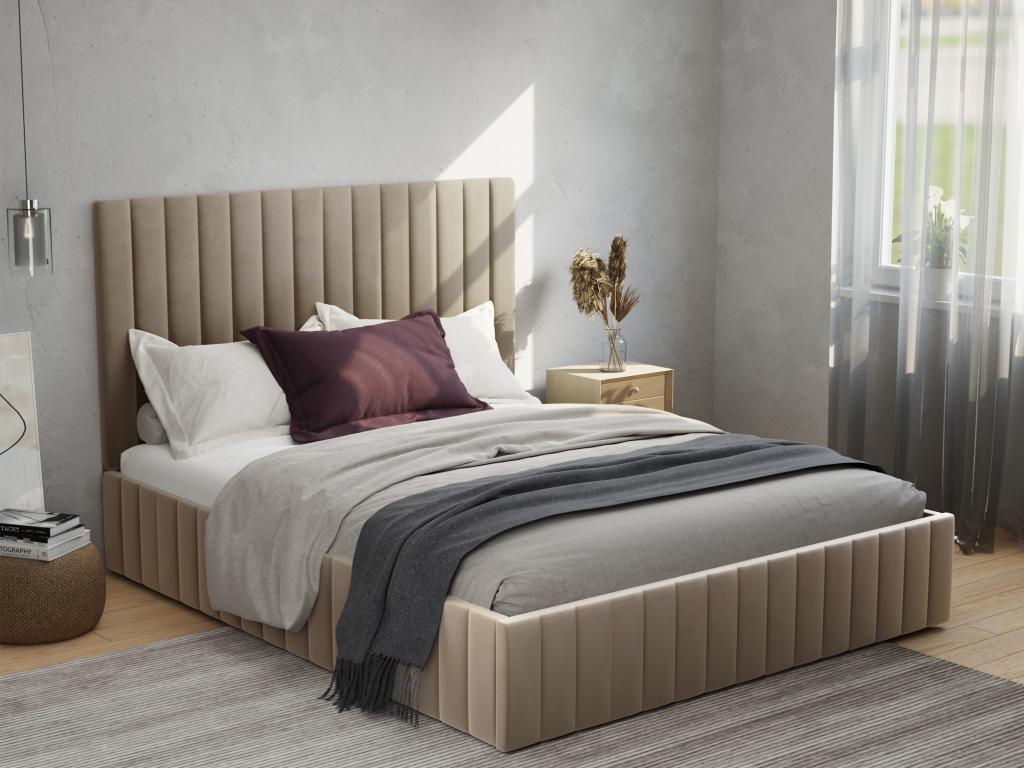 Lit coffre 140x190 cm avec tête de lit coutures verticales - Velours - Meublita