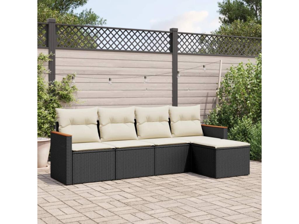 Salon de jardin 5 pcs avec coussins noir résine tressée