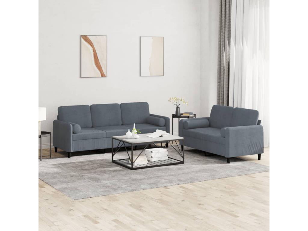 Ensemble de canapés 2 pcs avec coussins gris foncé velours