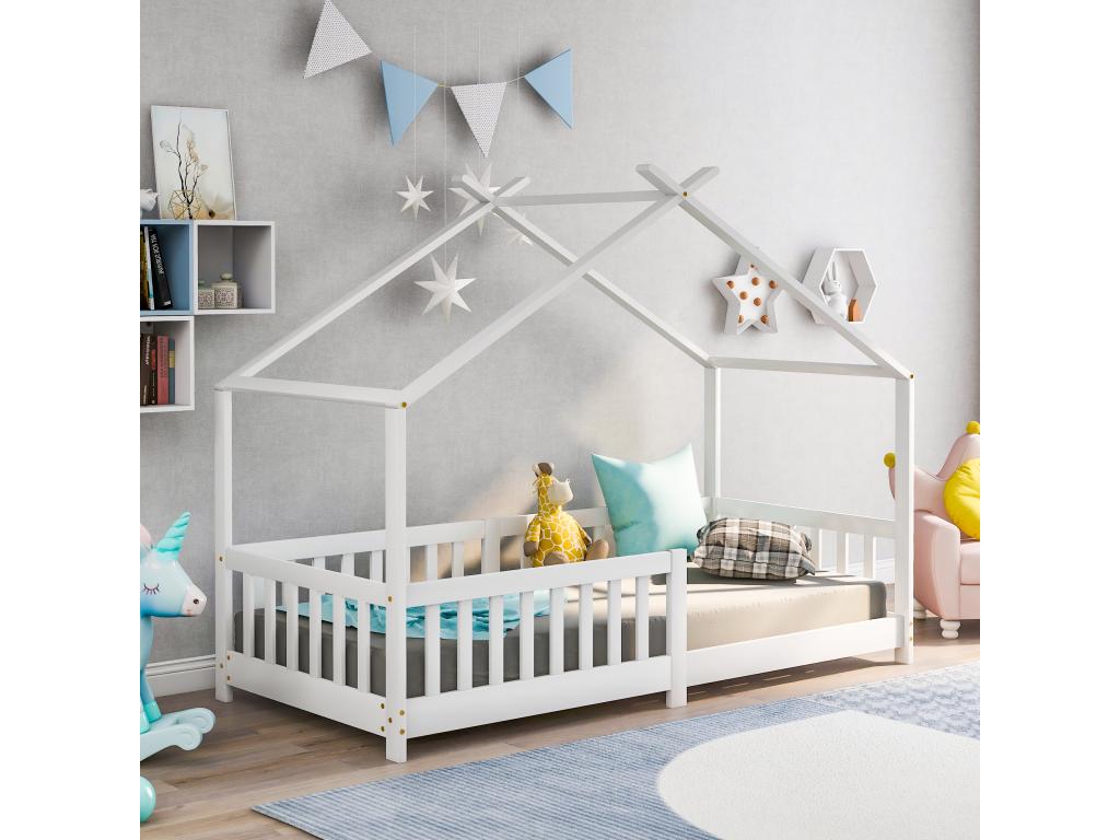 Lit d'enfant 90x200 cm en bois massif avec barrière et sommier à Meublita avec protection contre les chutes blanc