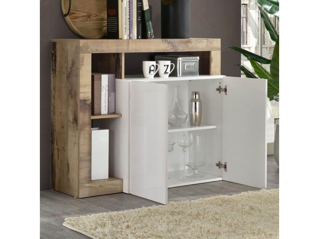 Meublita - Buffet 2 Portes Blanc Laqué Encadrement Niches Aspect Bois Meublita