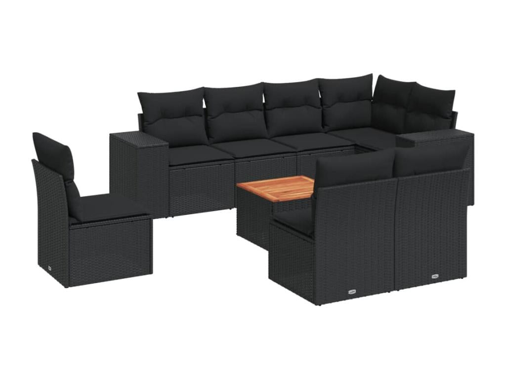 Salon de jardin 9 pièces avec coussins noir résine tressée