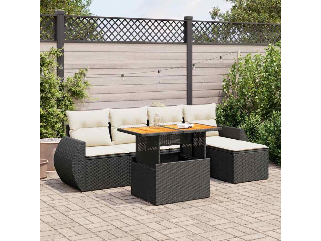 Salon de jardin 6 pièces avec coussins noir résine tressée
