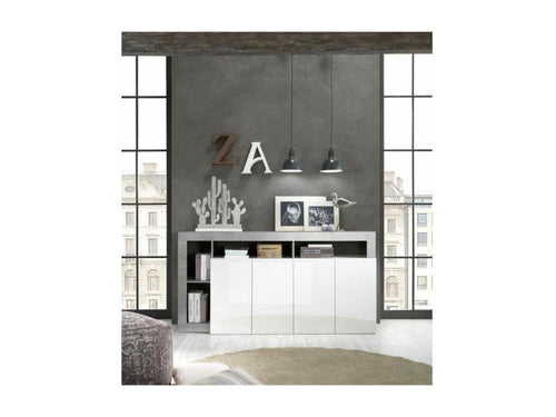 Buffet Vertchez effet béton / laqué blanc brillant 4 portes - 184x42 x Hauteur 93 cm